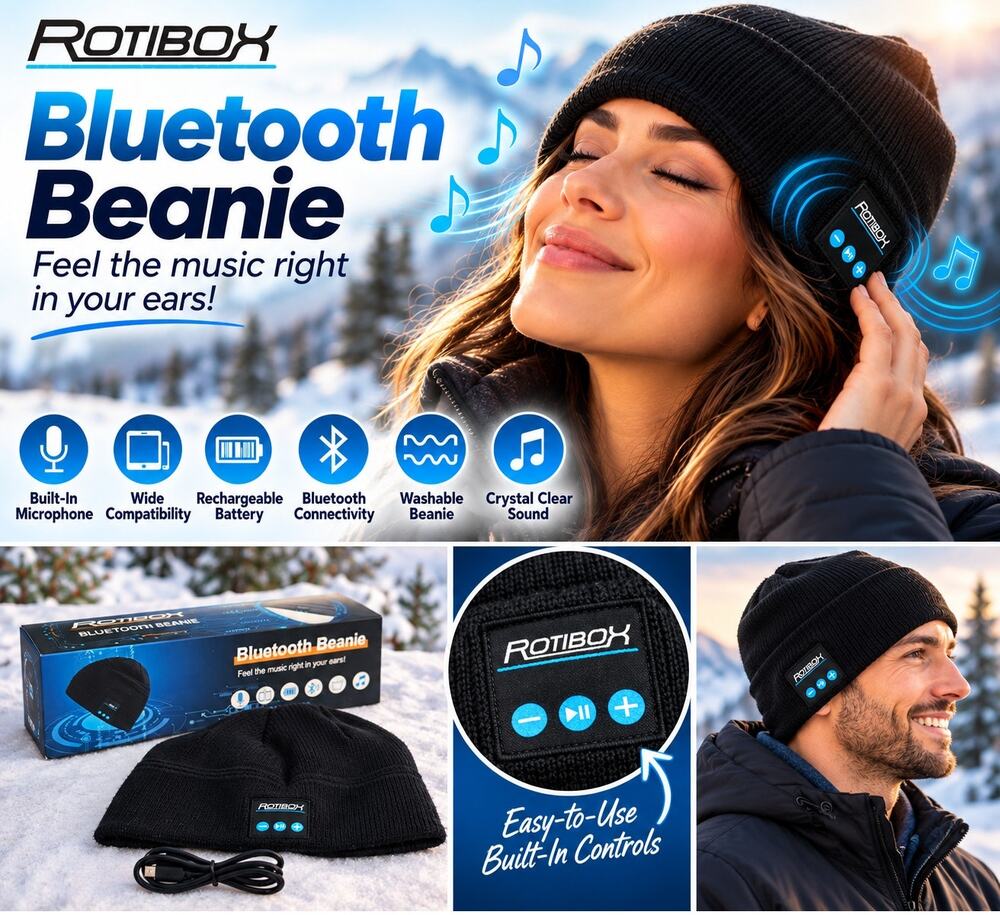 ROTIBOX Bluetooth Beanie Hat, Black, One Size